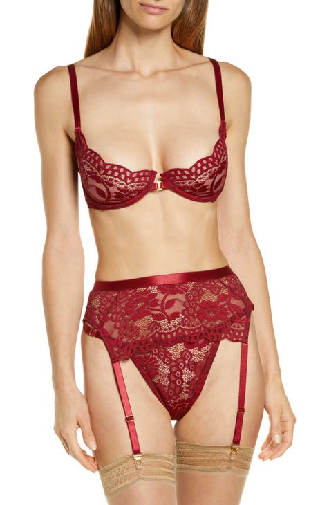 203-Red Lingerie Women Bra And Panty Garters 3Pcs See Through Lingerie Sets Women's  Underwear Set