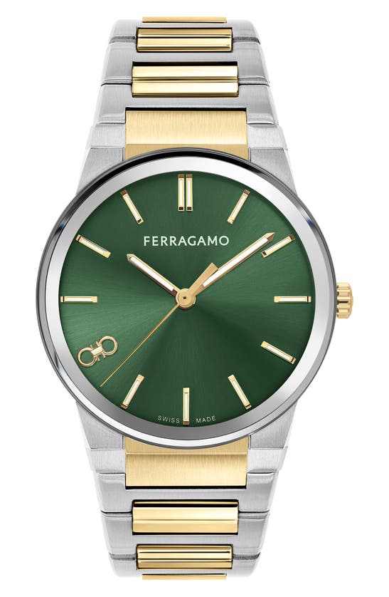 Shop Ferragamo Infinity Sapphire Bracelet Watch, 41mm In Silver/green Two Tone