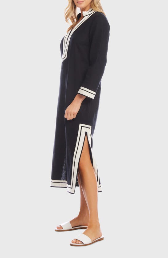Shop Karen Kane The St. Tropez Long Sleeve Linen Blend Midi Dress In Black/ Cream