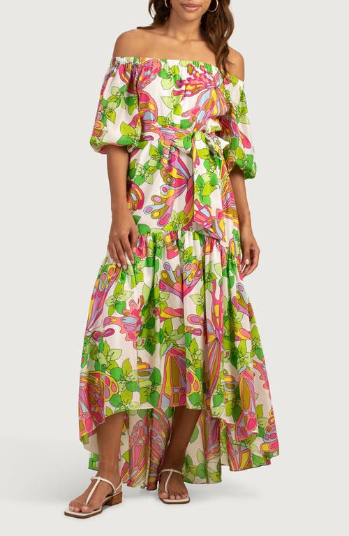 Shop Trina Turk Eye Popping Off The Shoulder High/low Silk Maxi Dress In Multi Green