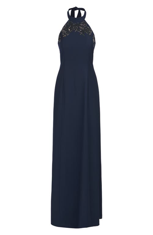 Shop Kay Unger Josephina Beaded Lace Detail Halter Neck Gown In French Navy