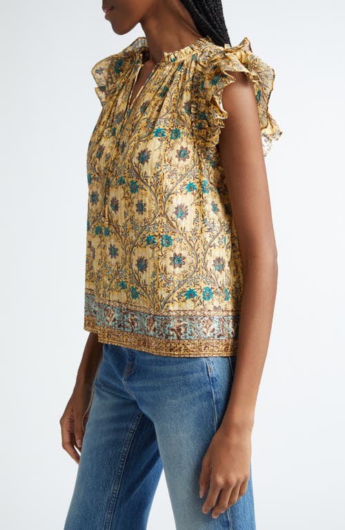 Shop Ulla Johnson Fleur Floral Ruffle Shoulder Split Neck Top In Daylily