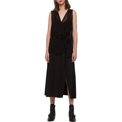 Allsaints Kacie Tie Front Chiffon Midi Dress, Black