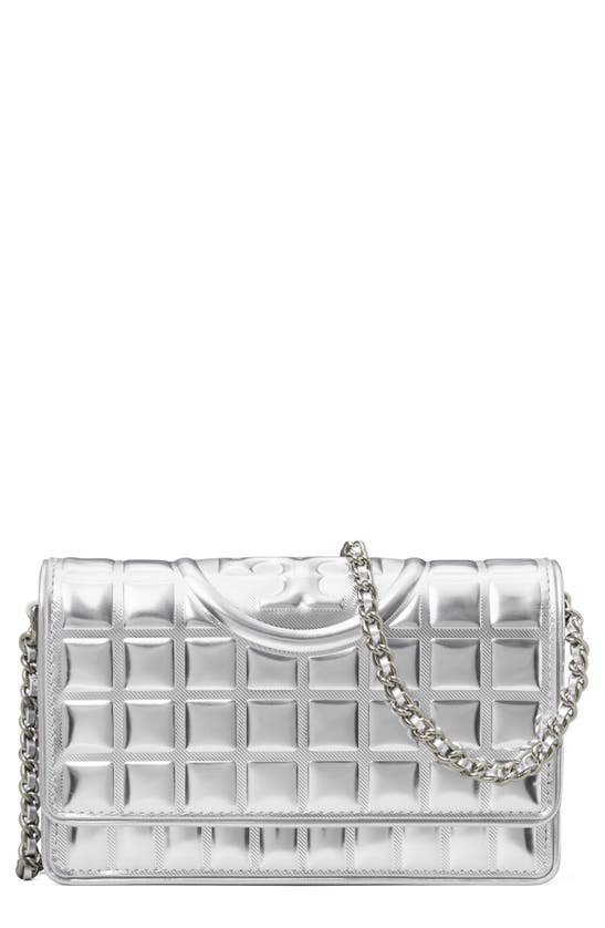 Shop Tory Burch Fleming Soft Quilted Metallic Leather Wallet On A Chain In Silver