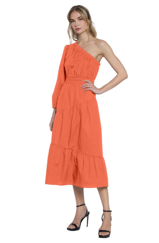 Shop Donna Morgan For Maggy Tiered One-shoulder Long Sleeve Maxi Dress In Etruscan Red