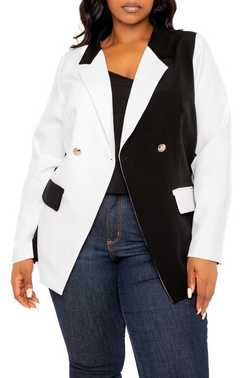 BUXOM COUTURE Contrast Double Breasted Blazer Black White at Nordstrom,