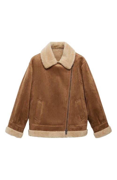 Mango Faux Shearling Moto Jacket In Brown