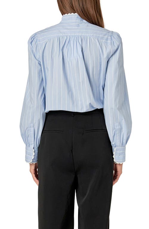 English Factory Stripe Scallop Trim Cotton Poplin Button-up Shirt In Powder Blue/offwhite