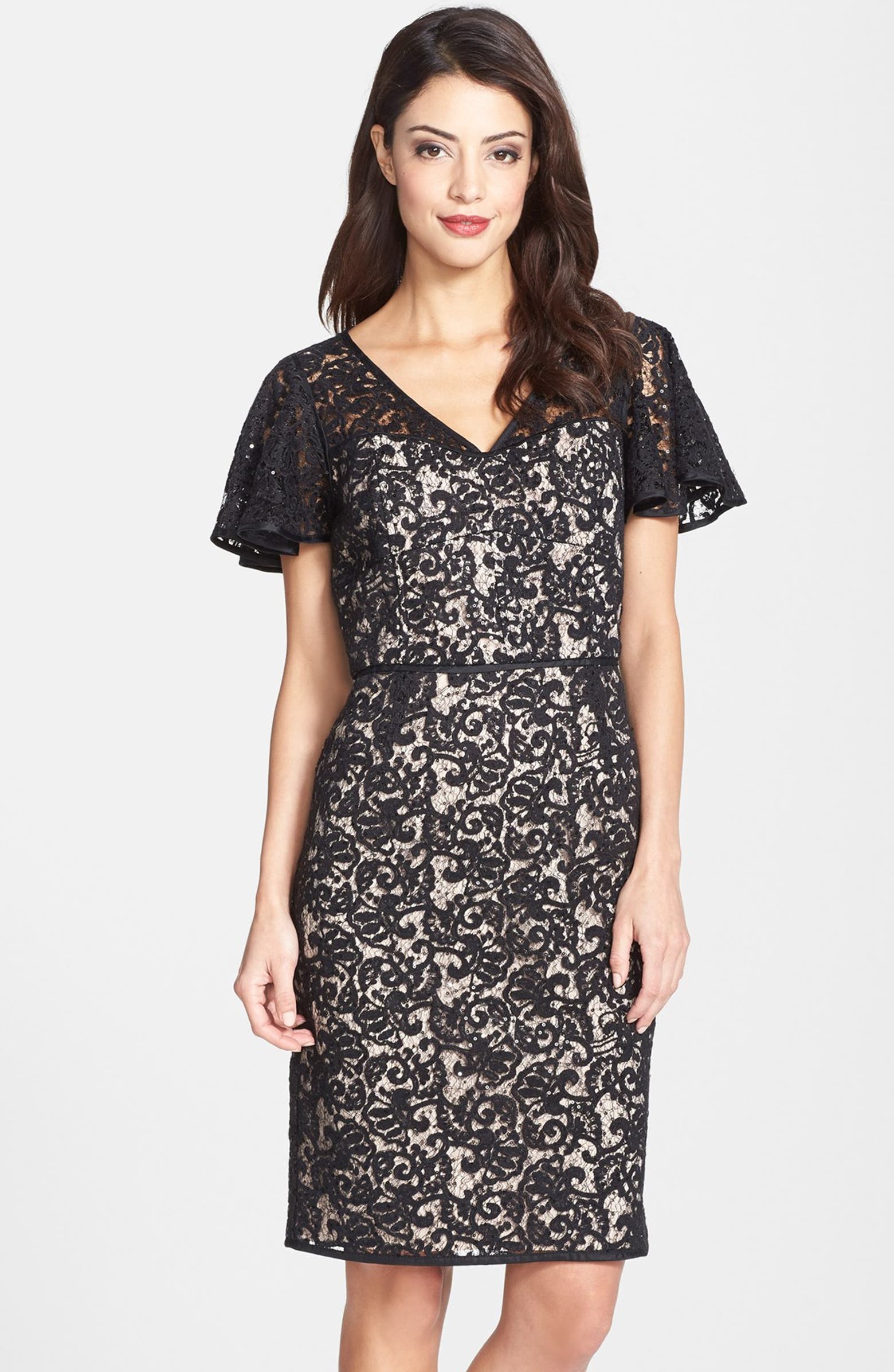 Nue by Shani Sequin Lace Flutter Sleeve Sheath Dress | Nordstrom