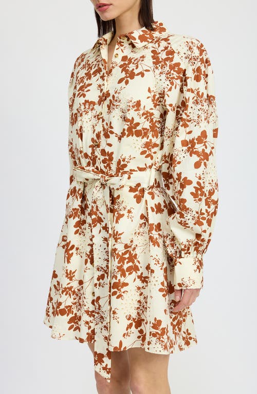 Shop En Saison Emilia Floral Long Sleeve Cotton Mini Shirtdress In Off White Rust