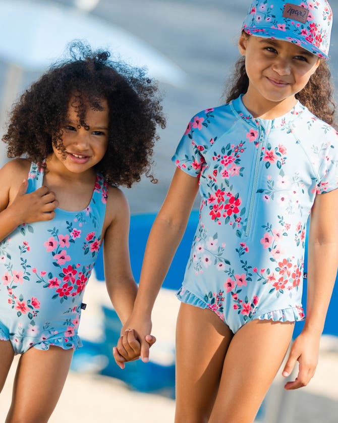 Shop Deux Par Deux Baby Girl's One Piece Swimsuit Light Blue Flower Print