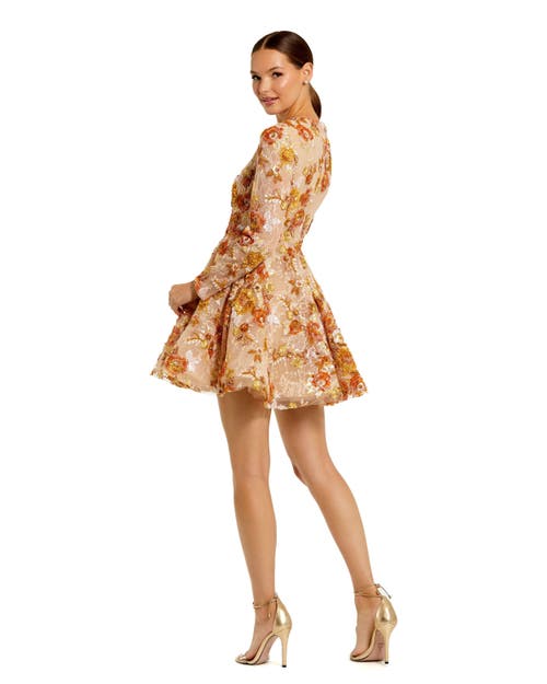 Mac Duggal High Neck Long Sleeve Sequin A Line Mini Dress In Nude Multi