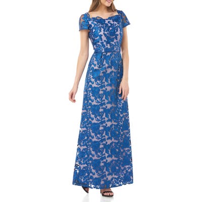 Js Collections Scallop Neck Embroidered Lace Gown, Blue