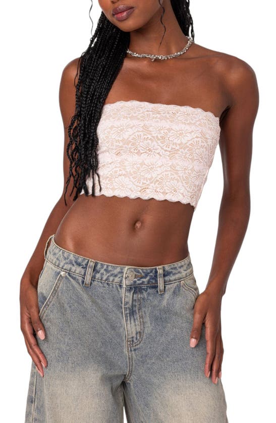 Shop Edikted Nadine Lace Crop Tube Top In Light-pink