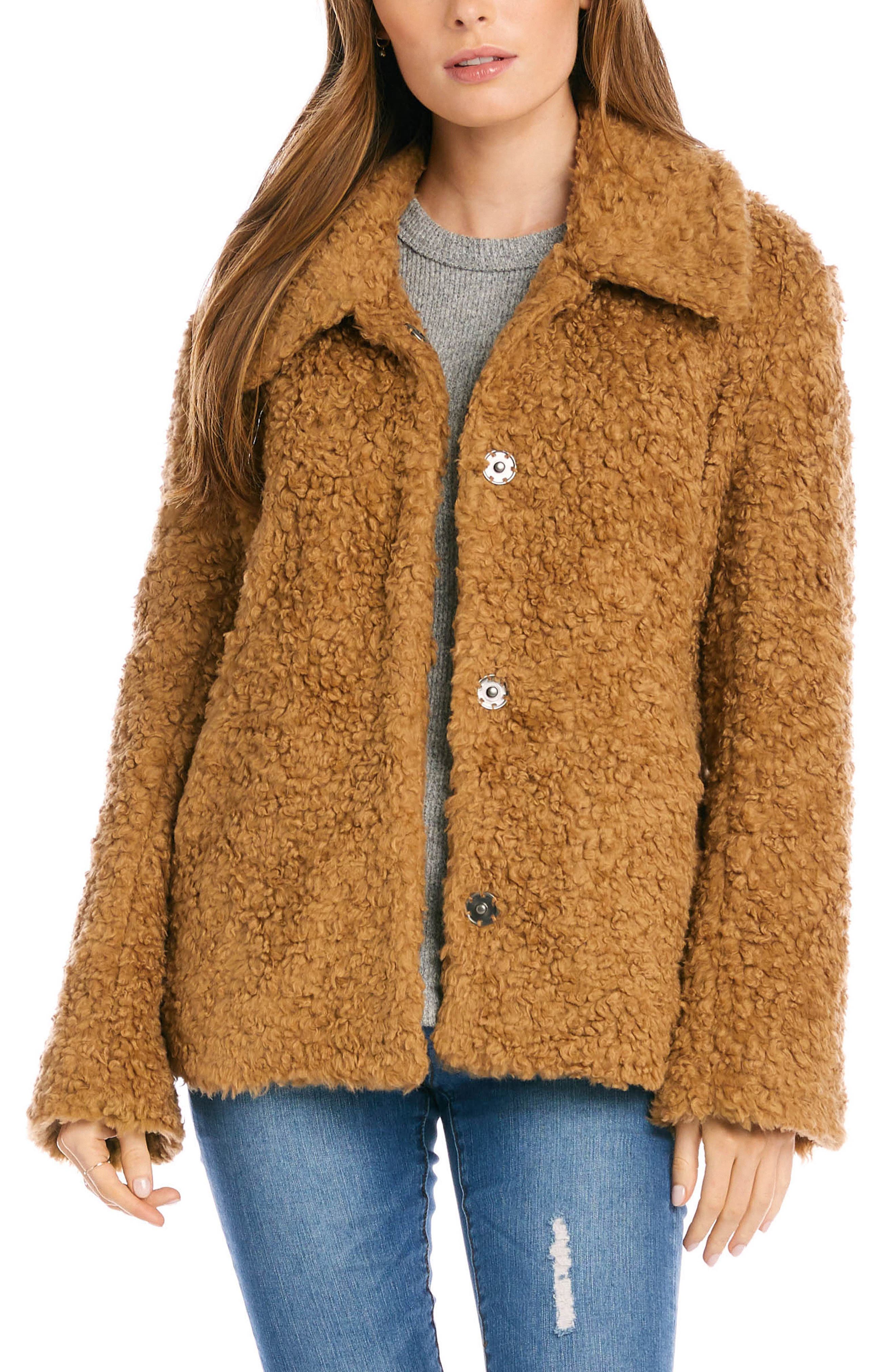 Karen Kane Curly Fleece Jacket In Camel 