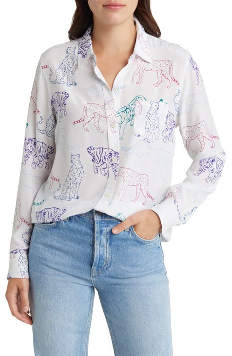 Kate Wildcat Print Button-Up Silk Blouse