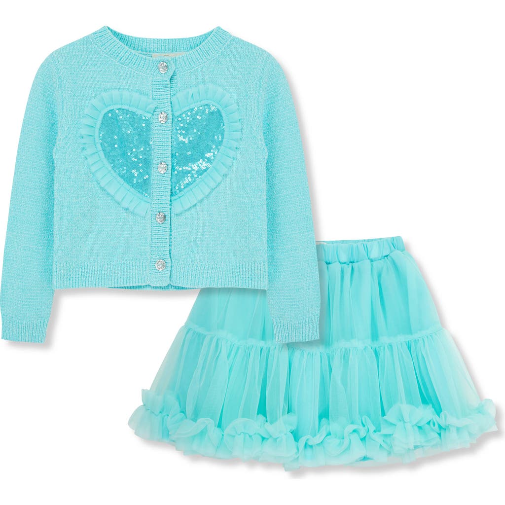 Peek Aren't You Curious Kids' Embellished Sequin Heart Cardigan & Tiered Skirt Set In Turquoise