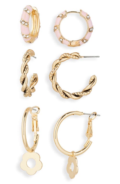BP. Set of 3 Floral Drop & Huggie Hoop Earrings in Pink- Gold