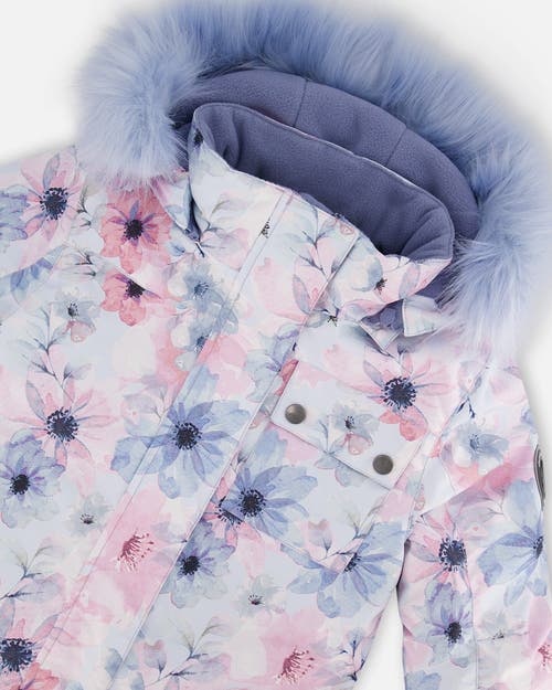 Shop Deux Par Deux Girl's One Piece Snowsuit Printed Watercolor Blue Flowers In Printed Watercolor Flowers