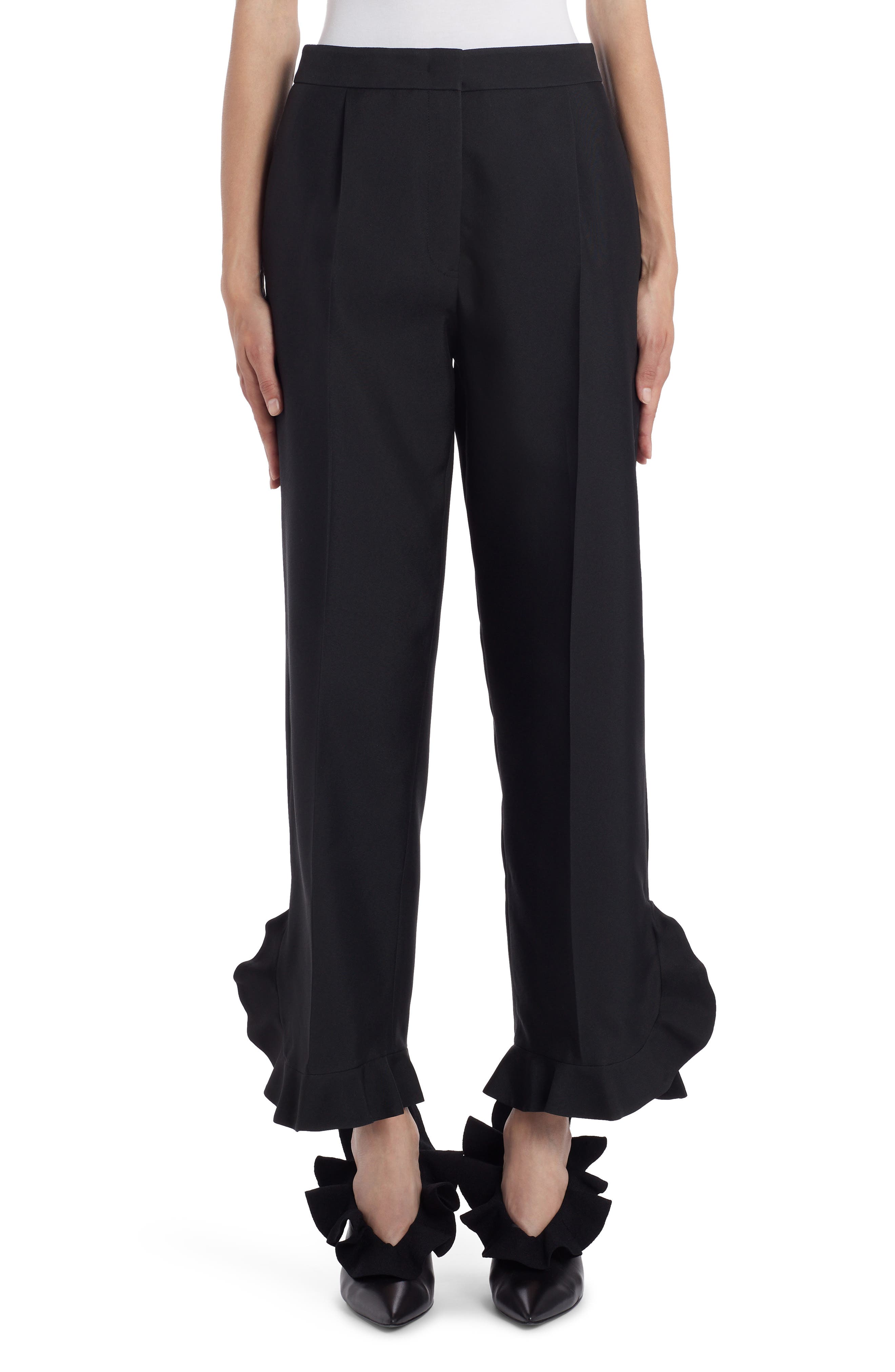 Jil Sander Ruffle-Hem Straight-Leg Techno Gabardine Trousers, Black, Women's, 6, Pants \u0026 Shorts Trousers \u0026 Pleated Pants