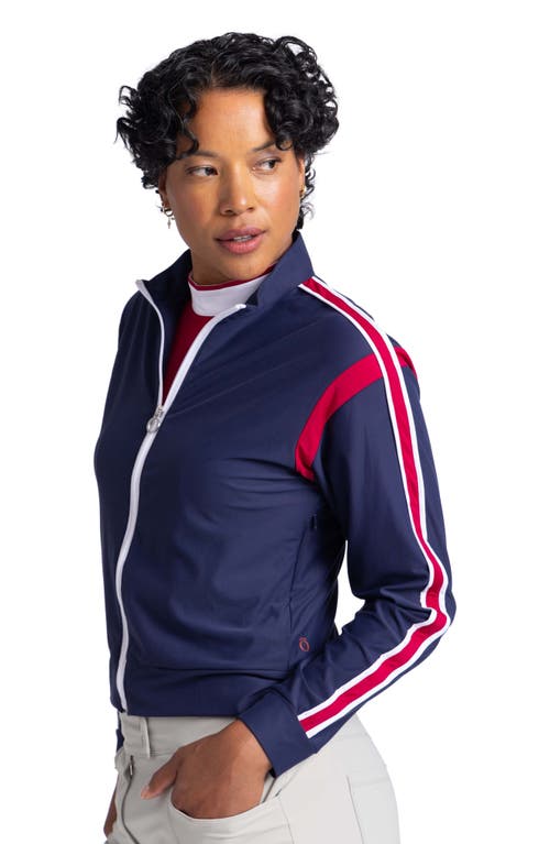 Shop Kinona Warm Up Jacket In Navy/bordeaux