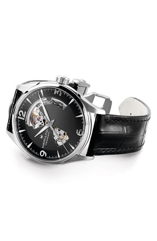 Shop Hamilton Jazzmaster Open Heart Automatic Leather Strap Watch, 42mm In Black/silver