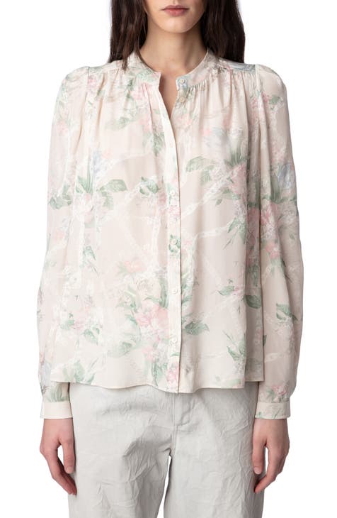 Tchin Floral Silk Satin Button-Up Shirt