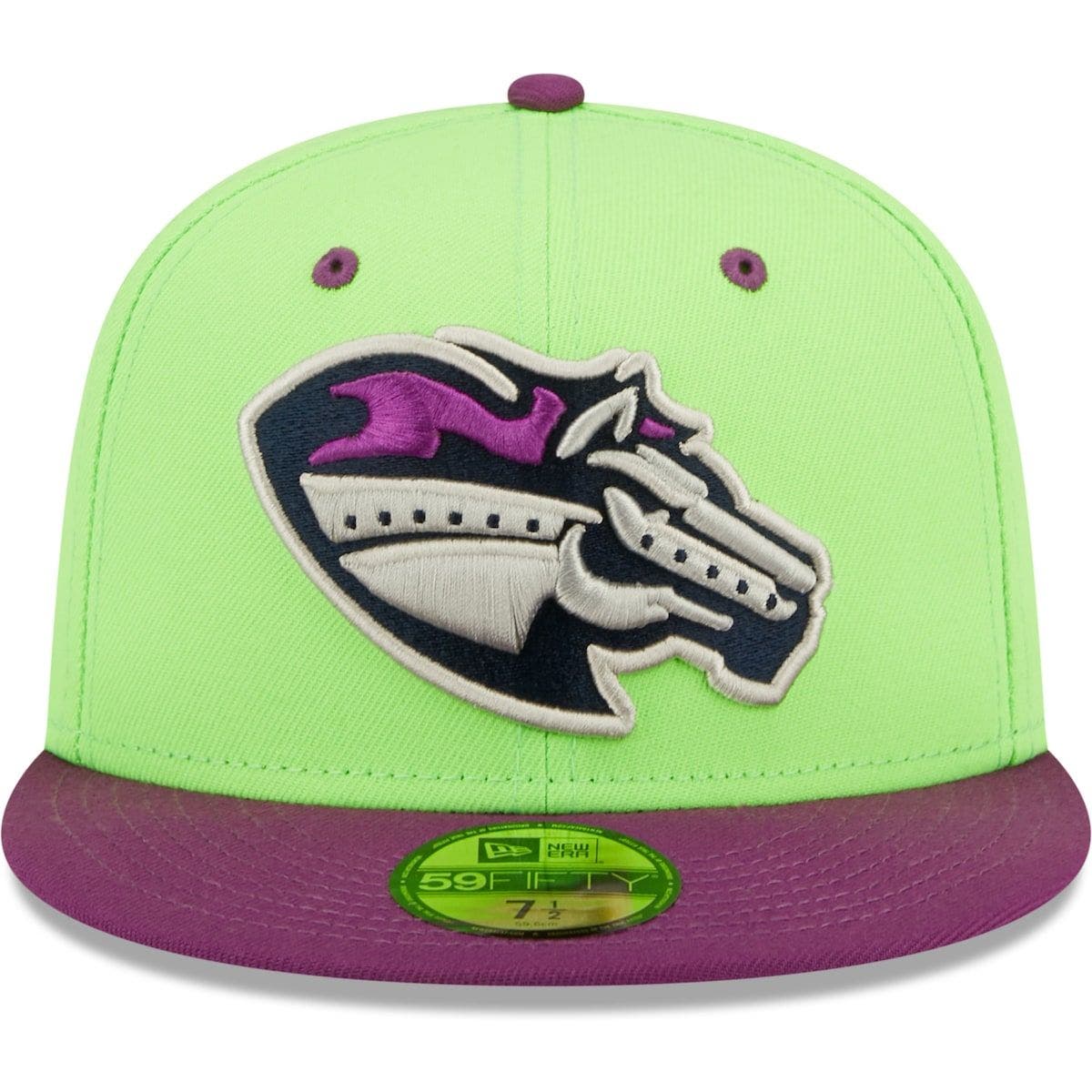 green and purple fitted hats