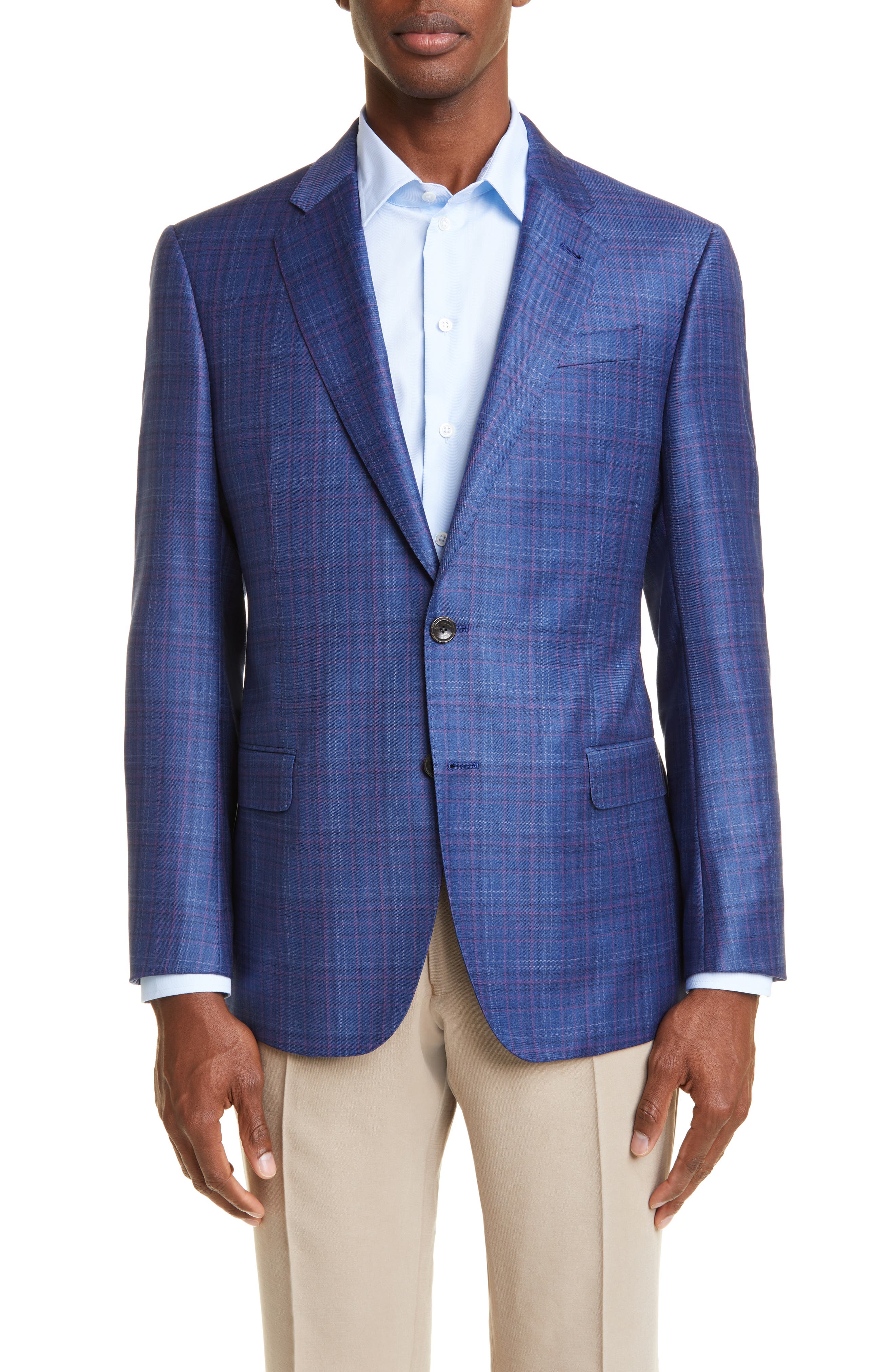 Emporio Armani Men's Multicolor Windowpane Wool Sport Coat in Solid Medium Blue