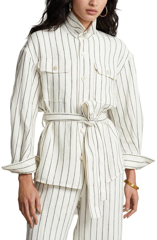 Polo Ralph Lauren Belted Striped Linen Utility Shirt In Cream/ Brown Stripe