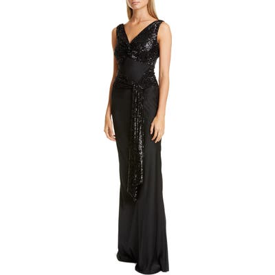 Sachin & Babi Sequin Sash Trumpet Gown, Black