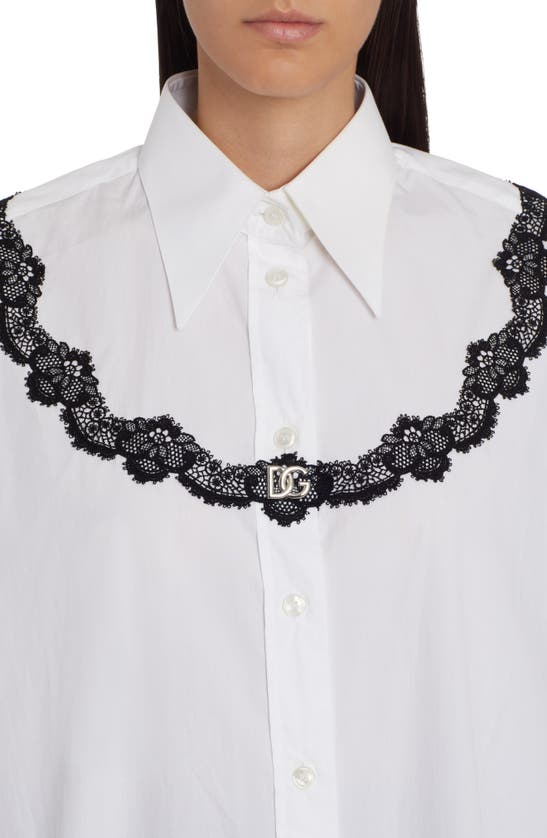 Shop Dolce & Gabbana Dolce&gabbana Oversize Lace Yoke High-low Cotton Blend Button-up Shirt In Optic White