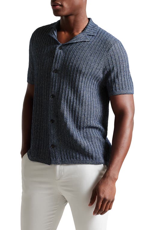 Proof Rib Short Sleeve Button-Up Knit Shirt in Navy