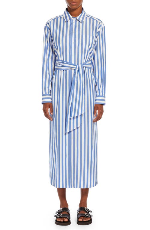 Falasco Stripe Tie Waist Long Sleeve Maxi Shirtdress in Light Blue