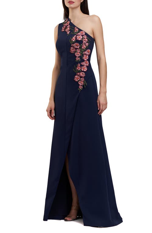 Shop Kay Unger Nadine Floral Embroidered One-shoulder Gown In Midnight