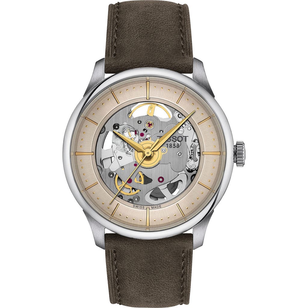Tissot Men's Swiss Automatic Chemin Des Tourelles Skeleton Brown Leather Strap Watch 39mm In Grey/ivory