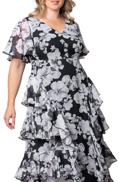 Kiyonna Tour De Flounce Tiered Maxi Dress In Grayscale Blooms