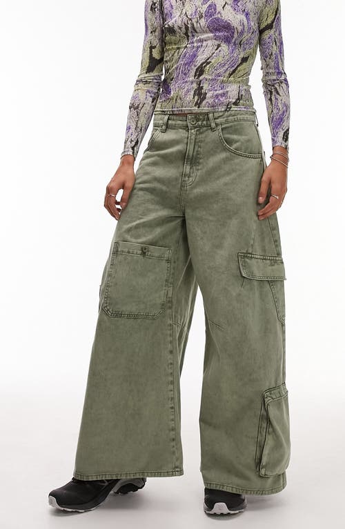 Washed Wide Leg Cargo Skater Jeans in Khaki