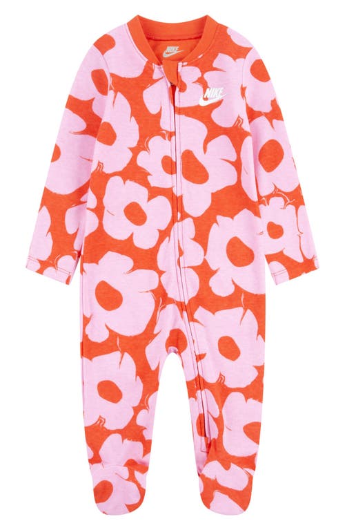 Nike Floral Print Cotton Zip Footie in Picante Red at Nordstrom, Size 6M