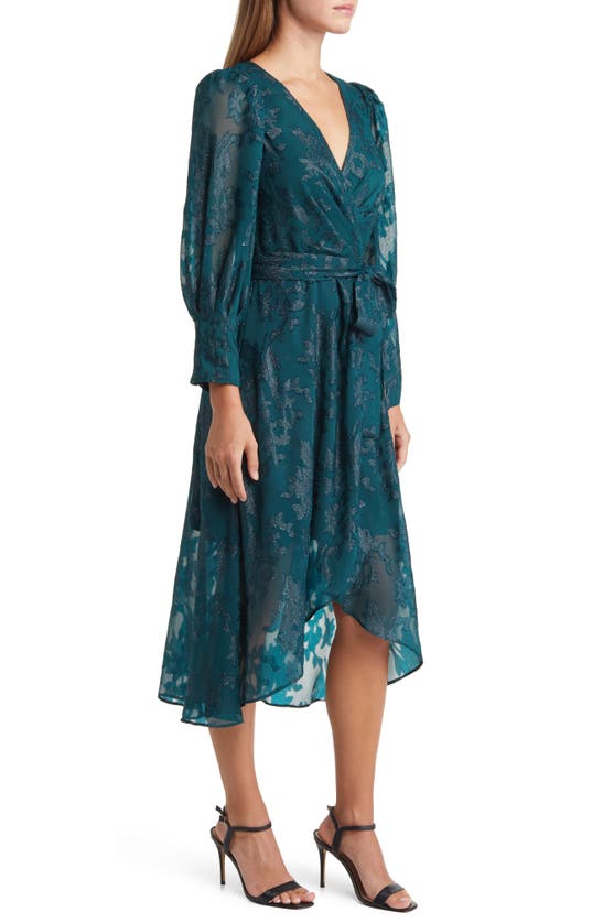 Shop Eliza J Metallic Floral Jacquard Long Sleeve Dress In Hunter