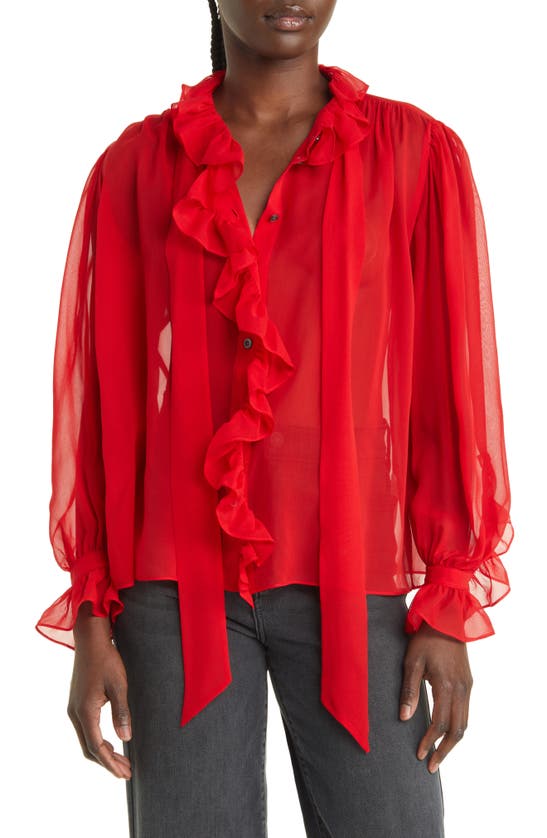 Shop Frame Ruffle Silk Shirt In Cherry Red