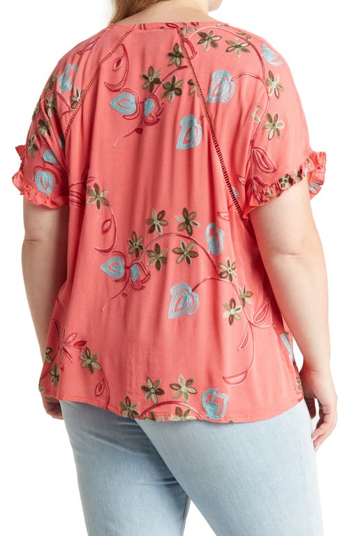 Shop Forgotten Grace Embroidered Short Sleeve Blouse In Coral/white