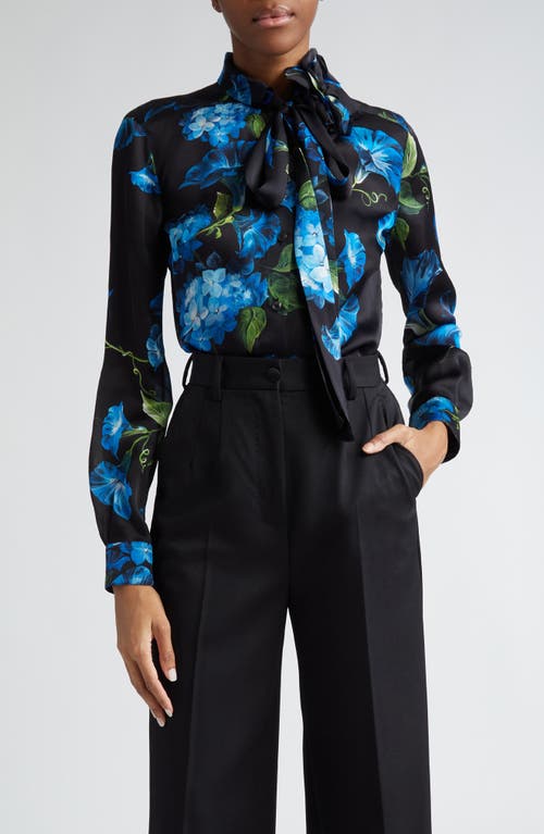 Dolce & Gabbana Bluebell Floral Print Tie Neck Silk Satin Shirt with Detachable Appliqué Nero at Nordstrom, Us