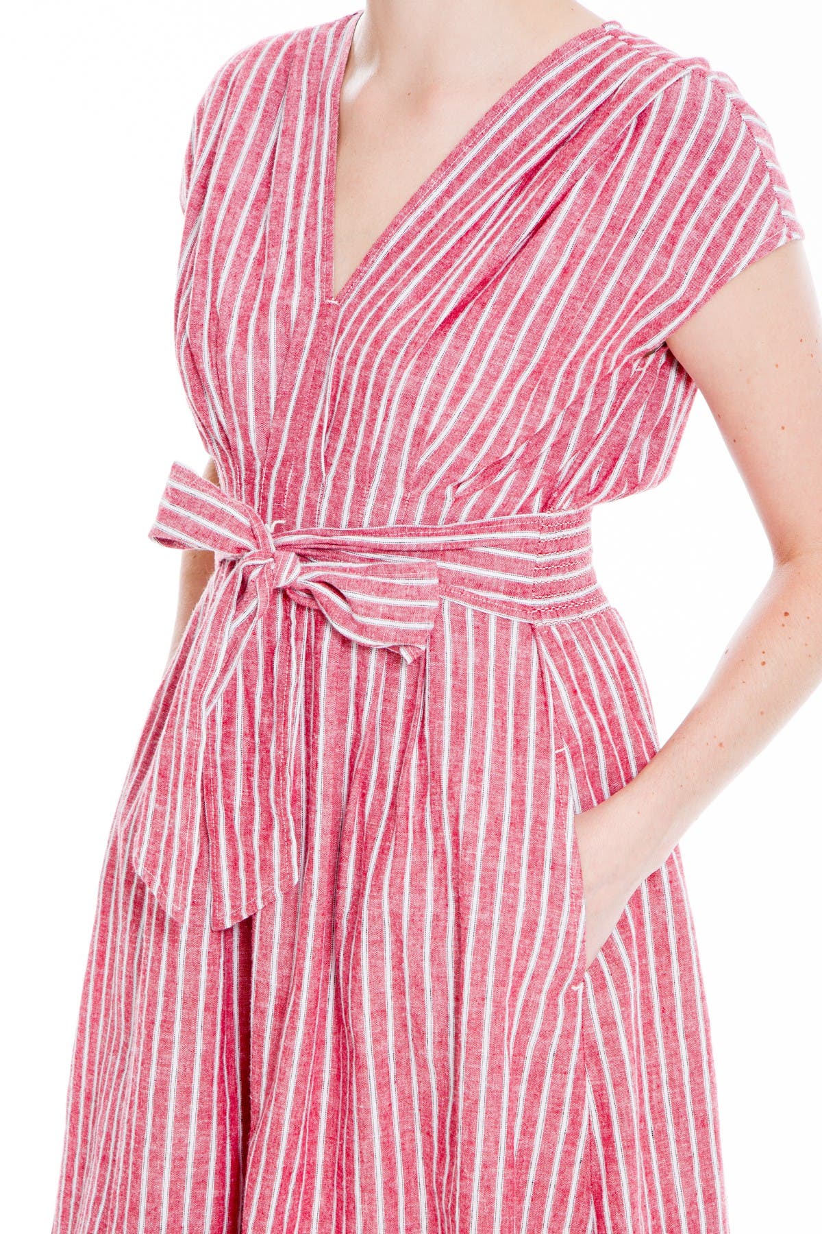 max studio striped v neck tie waist a line dress
