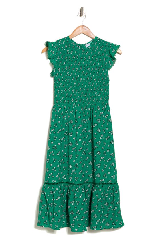 Melrose And Market Smocked Flutter Sleeve Midi Dress In Green Dot Daisy