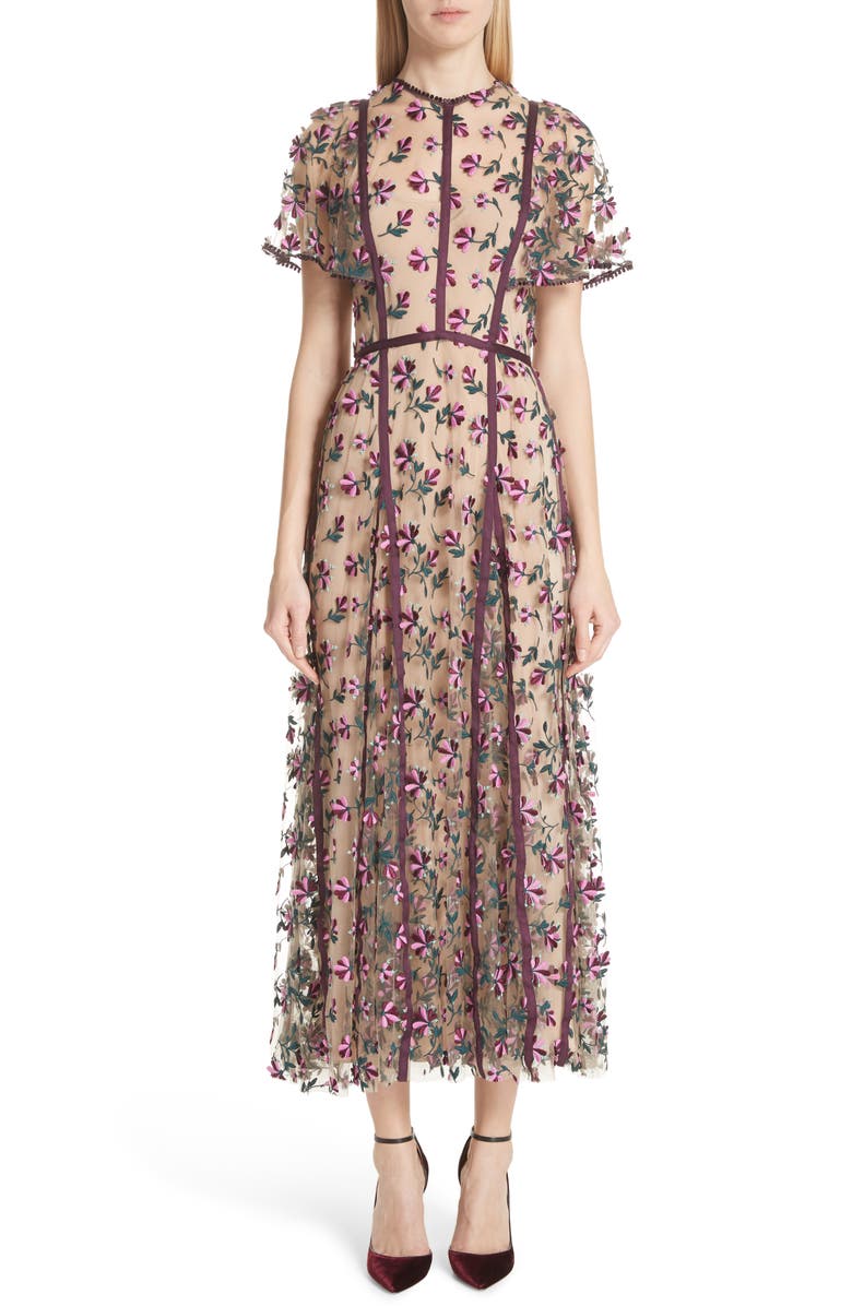 Lela Rose Embroidered Flutter Sleeve Midi Dress | Nordstrom
