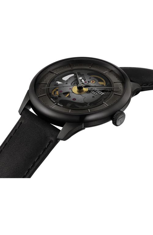 Tissot Men's Swiss Automatic Chemin Des Tourelles Skeleton Black Leather Strap Watch 40mm In Gun