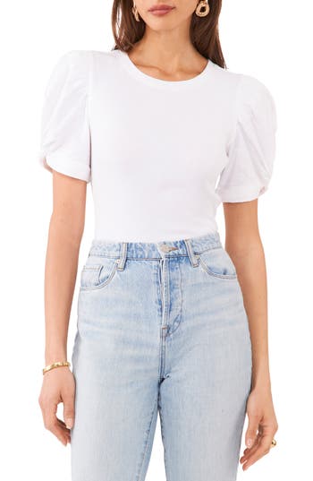 1.state Puff Sleeve Rib Knit T-shirt In Ultra White