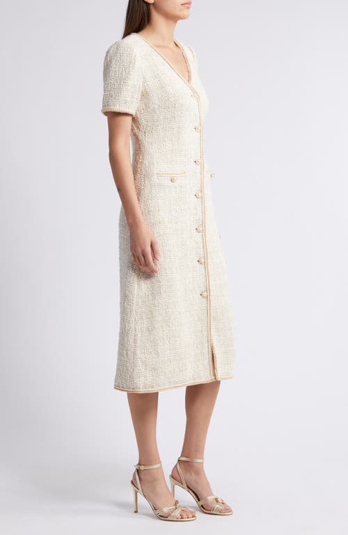 Shop Zoe And Claire V-neck Button Front Tweed Midi Dress In Light Khaki