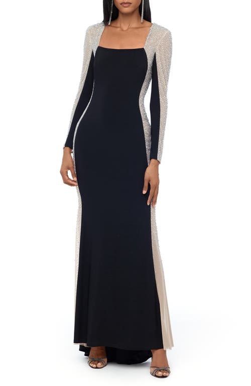 Xscape Evenings Keyhole Beaded Cap Sleeve Gown Black Nude Silver at Nordstrom